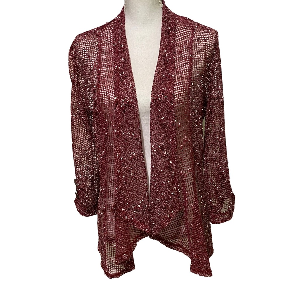 Wine Red Fishing Net Open Front Cardigan Swim Cover Up Boho Coastal Cruise Beach